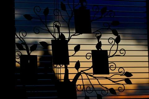 Sunset Silhouette Through Blinds 库存照片