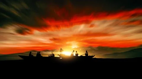 Sunset silhouette two boats in deep sea. Stock Illustration