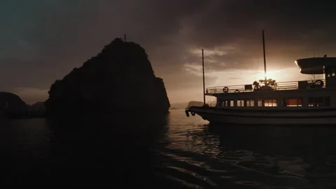 Sunset Silhouettes of Limestone Karsts in Ha Long Bay, Vietnam Stock Footage 329010841