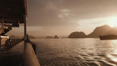 Sunset Silhouettes of Limestone Karsts in Ha Long Bay, Vietnam Stock Footage 329010973