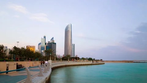 Sunset sky abu dhabi city bay panorama 4k timelapse uae Stock Footage 208124146