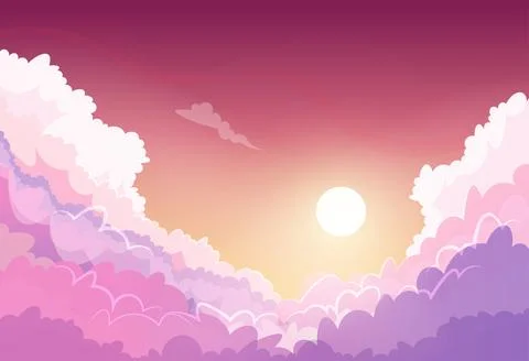 Sunset sky with clouds. Anime style dusk scene with sun shining Stock Illustration