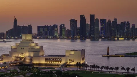 Sunset sky doha city downtown bay rooftop panorama 4k timelapse qatar Stock Footage 87958408