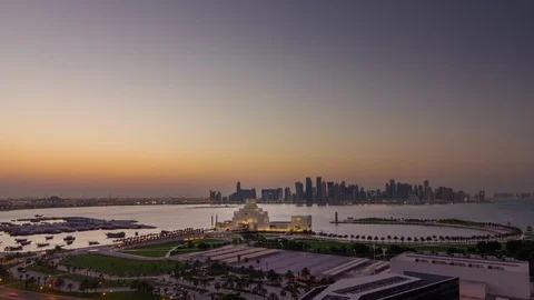 Sunset sky doha city downtown bay rooftop panorama 4k timelapse qatar 스톡 동영상 87958574