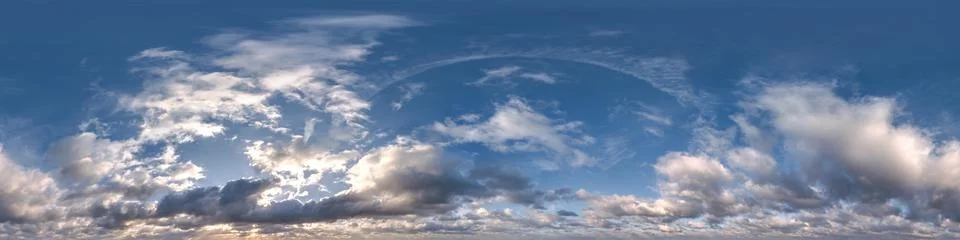 Sunset sky with evening clouds as seamless hdri 360 panorama view with zenith Stock Photos