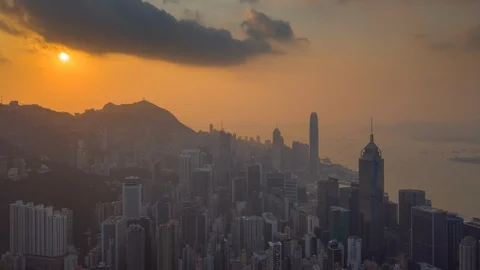 Sunset sky flight over hong kong city aerial panorama 4k timelapse Stock Footage 112801693