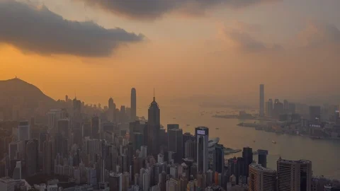 Sunset sky flight over hong kong city aerial panorama 4k timelapse Stock Footage 112806888