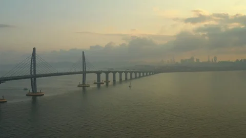 Sunset sky flight over macau hong kong traffic bridge aerial panorama 4k china Video stock 116754827