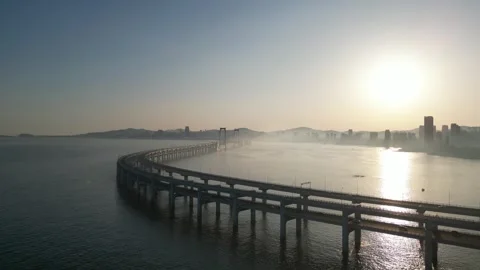Sunset Sky, Flying Over Cross-sea bridge, Drone Aerial View , 4K Video stock 252040683
