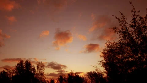 Sunset sky glows with warm golden and orange hues as soft clouds drift overhead. Stock Footage 341425049