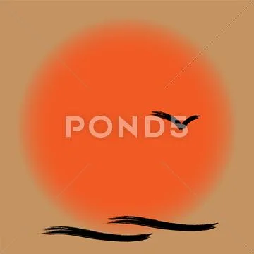 Sunset sky gold sun and bird Stock Illustration