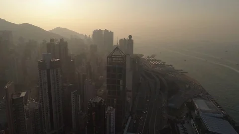 Sunset sky light hong kong city bay aerial panorama 4k china Stock Footage 75486989