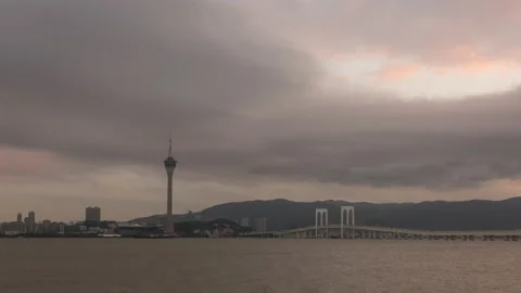 Sunset sky macau cityscape bay panorama 4k timelapse china Stock Footage 152592691