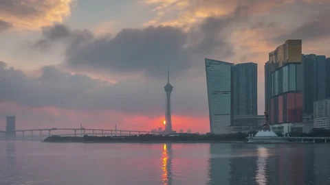 Sunset sky macau famous bay tower traffic bridge 4k time lapse china Stock Footage 75483732