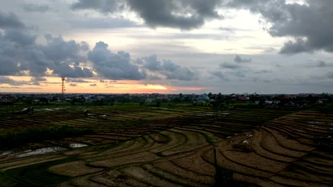 Sunset sky with moving abstract clouds over rice fields of Canggu village, Stock Footage 268786872