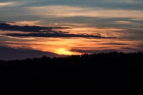 Sunset sky over dark tree line Stock Photos