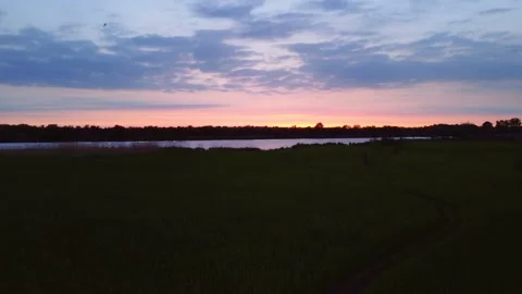 Sunset Sky over Field and River. Warm Summer Evening. Aerial View. Stock Footage 155784798