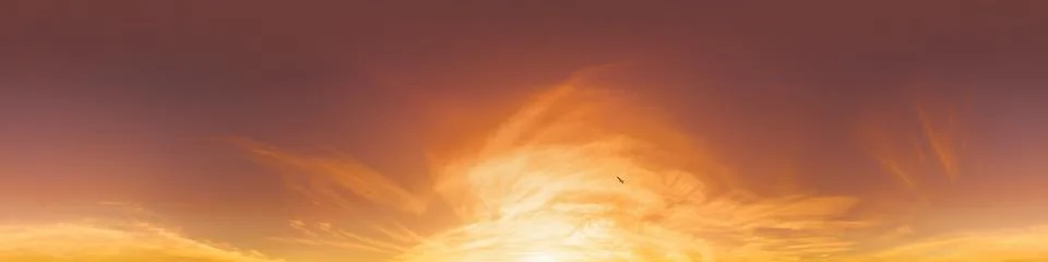 Sunset sky panorama with dramatic bright glowing pink Cirrus clouds. HDR 360 Stock Photos