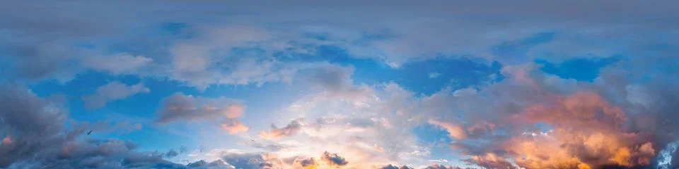 Sunset sky panorama with dramatic bright glowing pink Cumulus clouds. HDR 360 Stock Photos