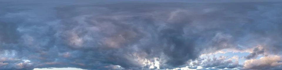 Sunset sky panorama with dramatic bright glowing pink Cumulus clouds. HDR 360 Stock Photos