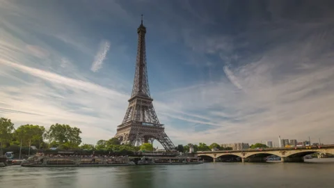 Sunset sky paris riverside traffic bay tower view timelapse panorama 4k france Stock Footage 131056038