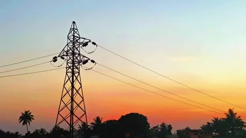 Sunset Sky with Power Transmission Tower Stock Footage 322083635