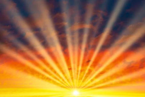 Sunset sky, sun with sun rays beams Stock Photos