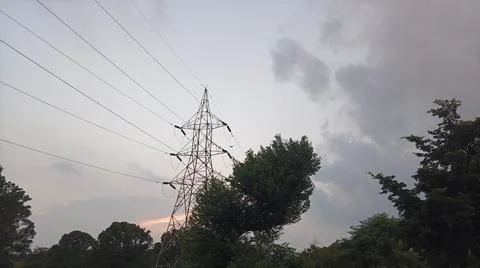 Sunset Sky with Tree Silhouette and Electric Tower Background Photos