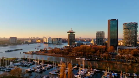 Sunset Skyline Aerial 4K Drone Flight Over IJ North Amsterdam Video stock 334273092