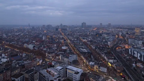 Sunset Skyline Brussels with trains Belgium Timelapse Stock Footage