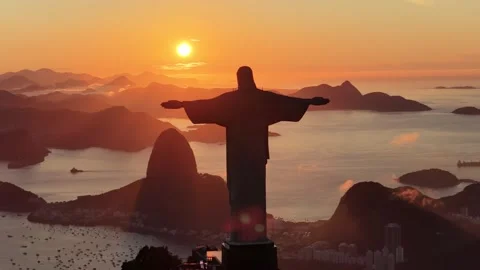 Sunset Skyline In Christ The Redeemer At Rio De Janeiro Brazil. Stock Footage 341898022