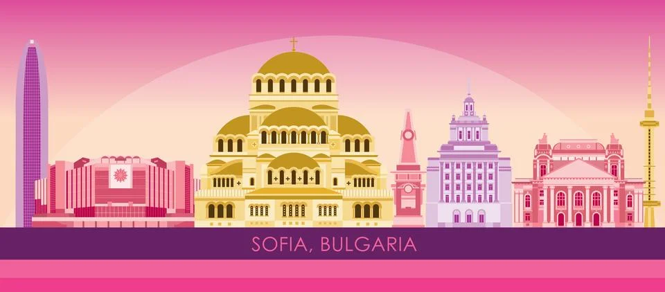 Sunset Skyline panorama of city of Sofia, Bulgaria Stock Illustration
