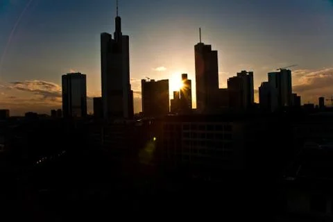 Sunset with skyscraper in Frankfurt downtown Stock Photos