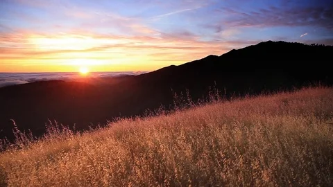 Sunset Slow Pan over grassy hillside above the clouds Stock-Footage 76760821
