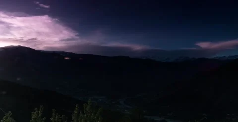 Sunset, small trees, clouds, blue sky timelapse Видео 247136335