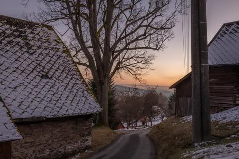 Sunset with snow in cold winter evening in Roprachtice CZ 12 28 2024 Stock Photos