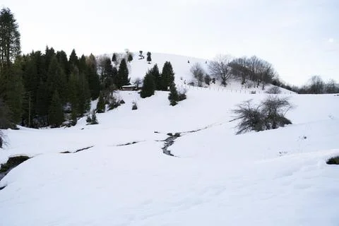 Sunset in a snowy mountain in winter, in the Basque Country, Spain Stock Photos