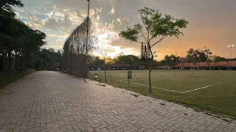 Sunset on the soccer field Stock Photos