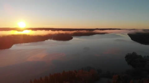 Sunset Soft Cloud at Forest Lake, Wide Shot, Aerial Stock Footage 145812423