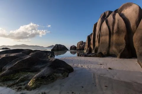 Sunset at Source d'argent beach Seychelles Stock Photos