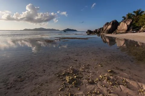 Sunset at Source d'argent beach Seychelles Stock Photos