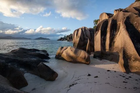 Sunset at Source d'argent beach Seychelles Stock Photos