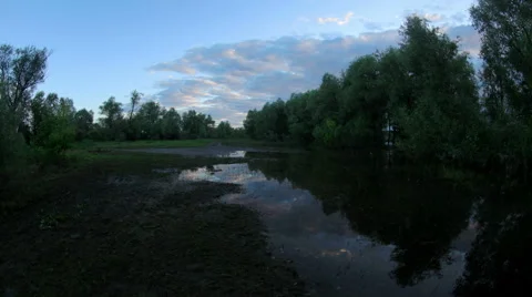 Sunset, Spring flood in the river Irtysh. Krasny Yar, Lubinsky District,  Stock Footage 57538201