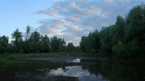 Sunset, Spring flood in the river Irtysh. Krasny Yar, Lubinsky District,  Stock Footage 58586567