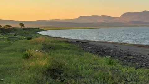 Sunset, Spring flood in the river Yenisei. Mokhov village, Republic of Khak.. Stock Footage 75793487