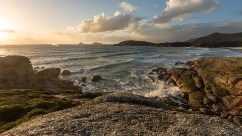 Sunset at Squeaky Beach Wilsons Promontory Victoria Australia Motion Timelapse Video stock 104956110