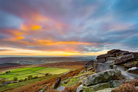 Sunset from Stanage Edge, in the Peak District National Park, Derbyshire Stock Photos