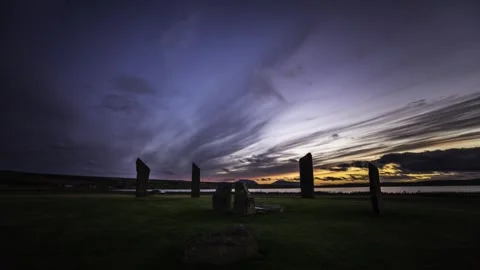 Sunset from the Standing Stones of Stenness in Orkney 4K Time Lapse Stock-Footage 253194455
