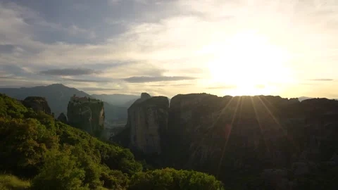 Sunset Star Burst Sun Flare Holy Monastery Meteora Kalambaka Greece Warm Gl.. Stock Footage 334886437