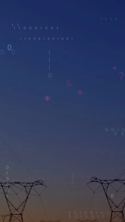 Sunset starting floating glyphs above transmission towers, code cascading to Stock Footage 332845650